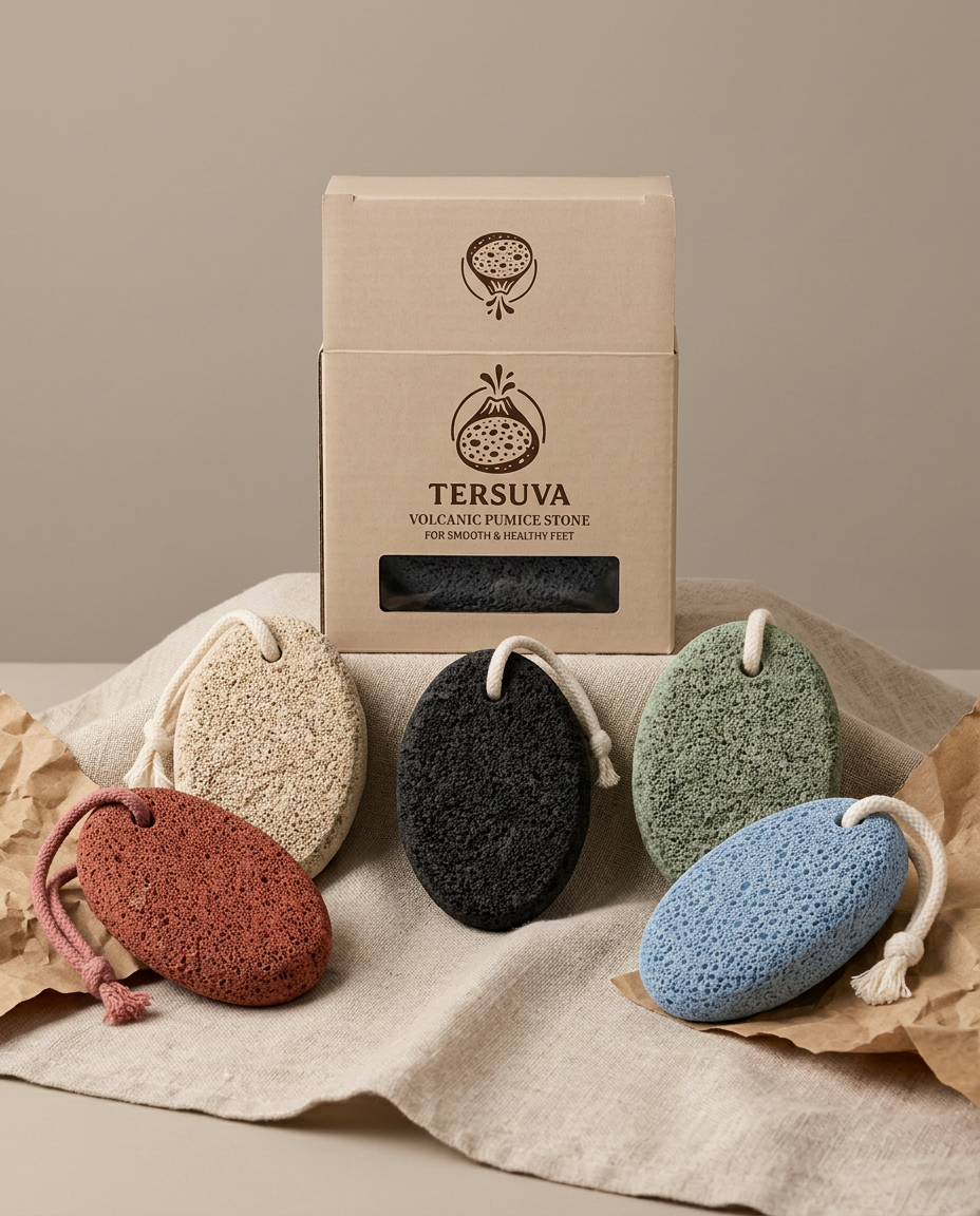 Volcanic Charcoal, Natural Sand, Terracotta Rose, Soft Sage, and Ocean Blue pumice stones beside printed Tersuva packaging